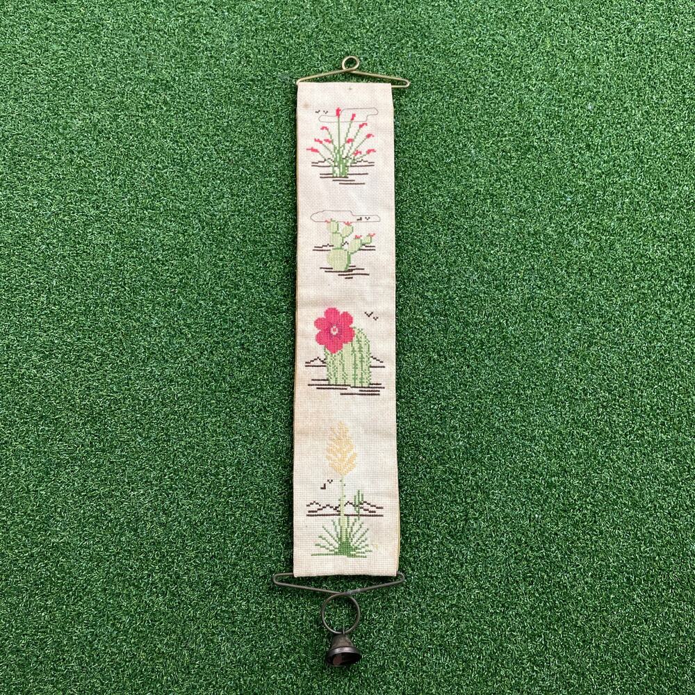 Vintage Needlepoint Wall Hanging Cactus Southwest Cross Stitch Bell Decor